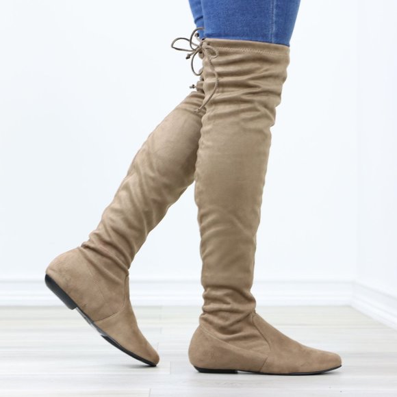 Taupe Thigh High Over The Knee Flat Boots Faux Suede - Picture 15 of 15